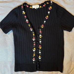 Sézane Black Floral Embroidered Ribbed short sleeve Cardigan, size Small